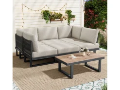 Conjunto de jardim - 6 lugares - conjunto de canto, sofá + mesa de centro + descanso para pés, em aço