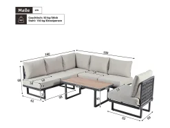 Conjunto de jardim - 6 lugares - conjunto de canto, sofá + mesa de centro + descanso para pés, em aço