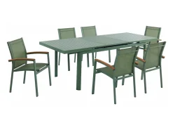 Conjunto de jardim alumínio mesa extensível 180/240 e 6 cadeirões verde-amêndoa - NAURU