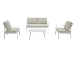 Conjunto de jardim em alumínio: um sofá de 2 lugares, 2 poltronas e uma mesa de centro - Branco com almofadas bege - TAVINYA da MYLIA
