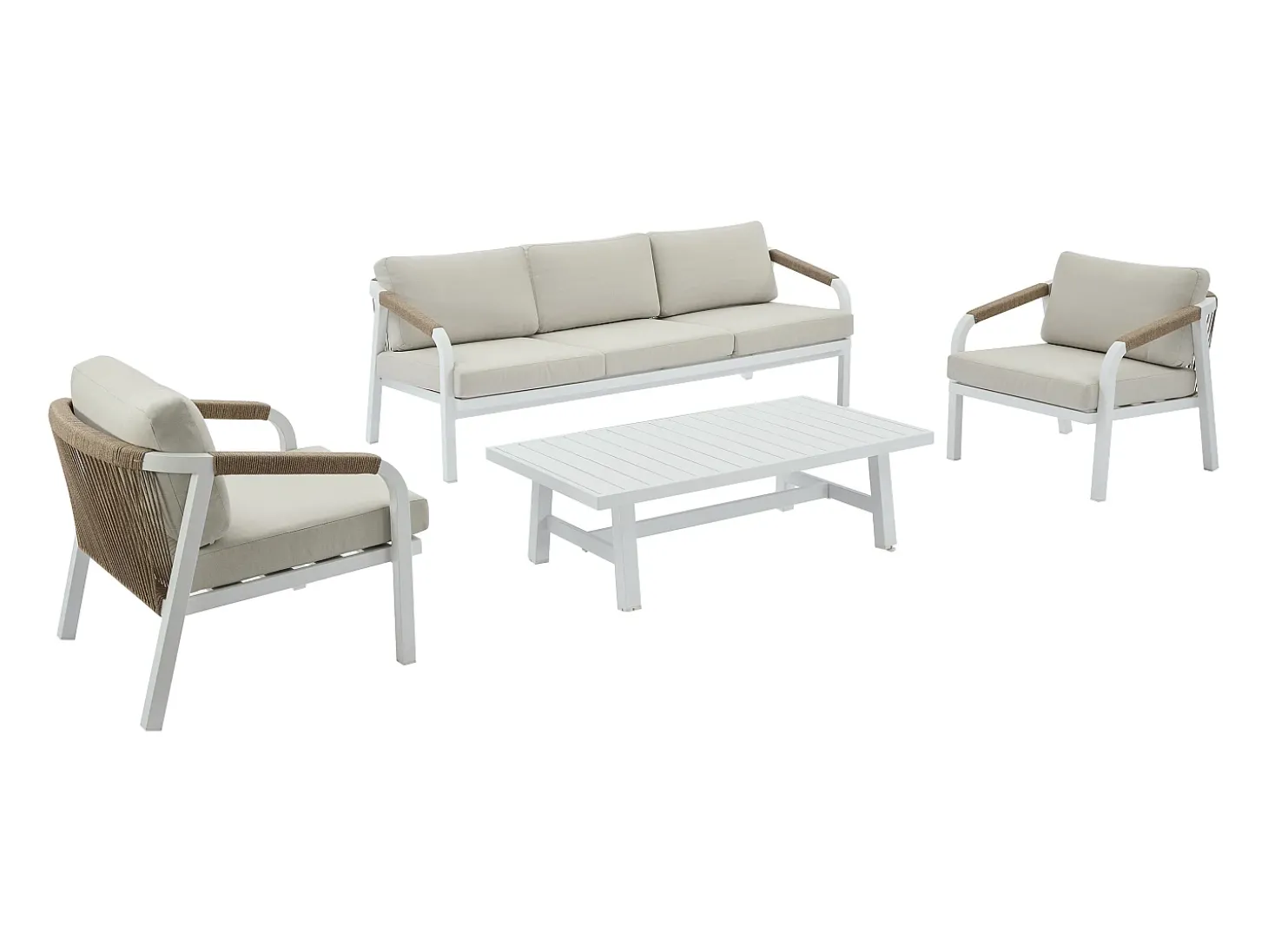 Conjunto de jardim em alumínio e corda: sofá 3 lugares, 2 poltronas e uma mesa de centro – Branco com almofadas bege – LUREYA da MYLIA