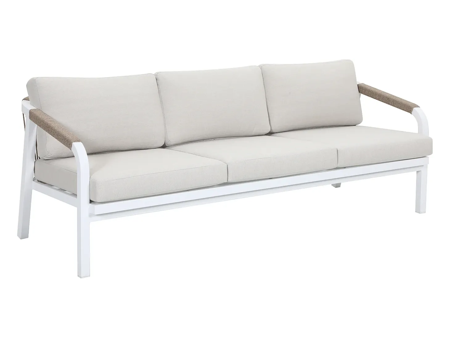 Conjunto de jardim em alumínio e corda: sofá 3 lugares, 2 poltronas e uma mesa de centro – Branco com almofadas bege – LUREYA da MYLIA