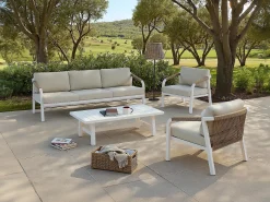 Conjunto de jardim em alumínio e corda: sofá 3 lugares, 2 poltronas e uma mesa de centro – Branco com almofadas bege – LUREYA da MYLIA