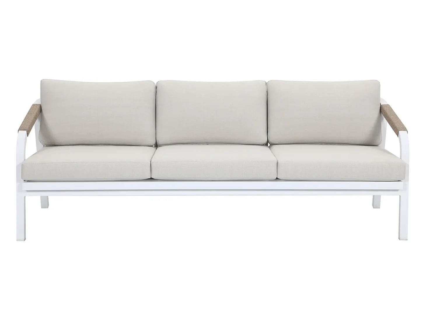 Conjunto de jardim em alumínio e corda: sofá 3 lugares, 2 poltronas e uma mesa de centro – Branco com almofadas bege – LUREYA da MYLIA