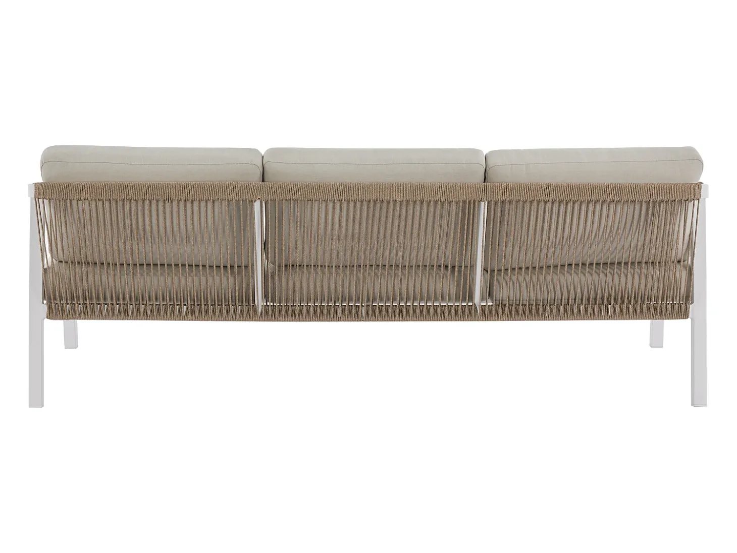 Conjunto de jardim em alumínio e corda: sofá 3 lugares, 2 poltronas e uma mesa de centro – Branco com almofadas bege – LUREYA da MYLIA