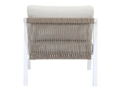Conjunto de jardim em alumínio e corda: sofá 3 lugares, 2 poltronas e uma mesa de centro – Branco com almofadas bege – LUREYA da MYLIA