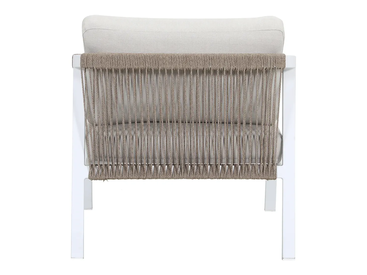 Conjunto de jardim em alumínio e corda: sofá 3 lugares, 2 poltronas e uma mesa de centro – Branco com almofadas bege – LUREYA da MYLIA
