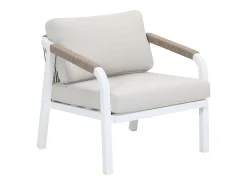 Conjunto de jardim em alumínio e corda: sofá 3 lugares, 2 poltronas e uma mesa de centro – Branco com almofadas bege – LUREYA da MYLIA