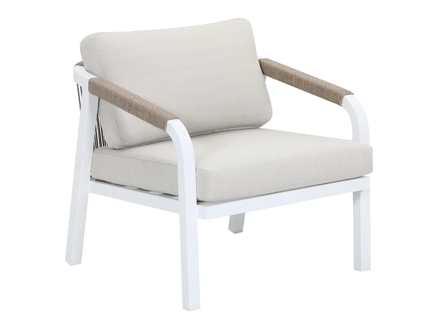 Conjunto de jardim em alumínio e corda: sofá 3 lugares, 2 poltronas e uma mesa de centro – Branco com almofadas bege – LUREYA da MYLIA