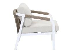 Conjunto de jardim em alumínio e corda: sofá 3 lugares, 2 poltronas e uma mesa de centro – Branco com almofadas bege – LUREYA da MYLIA