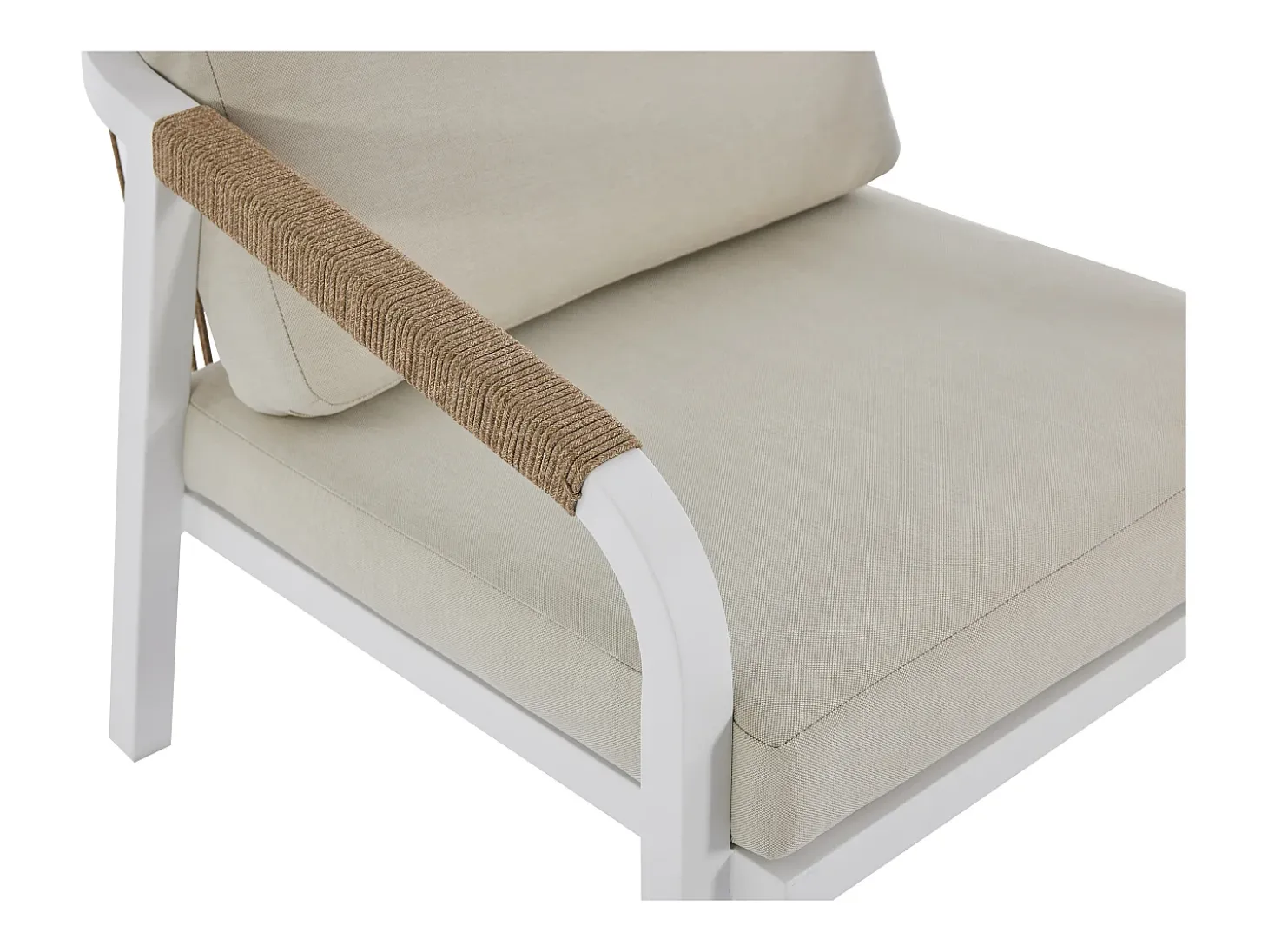 Conjunto de jardim em alumínio e corda: sofá 3 lugares, 2 poltronas e uma mesa de centro – Branco com almofadas bege – LUREYA da MYLIA