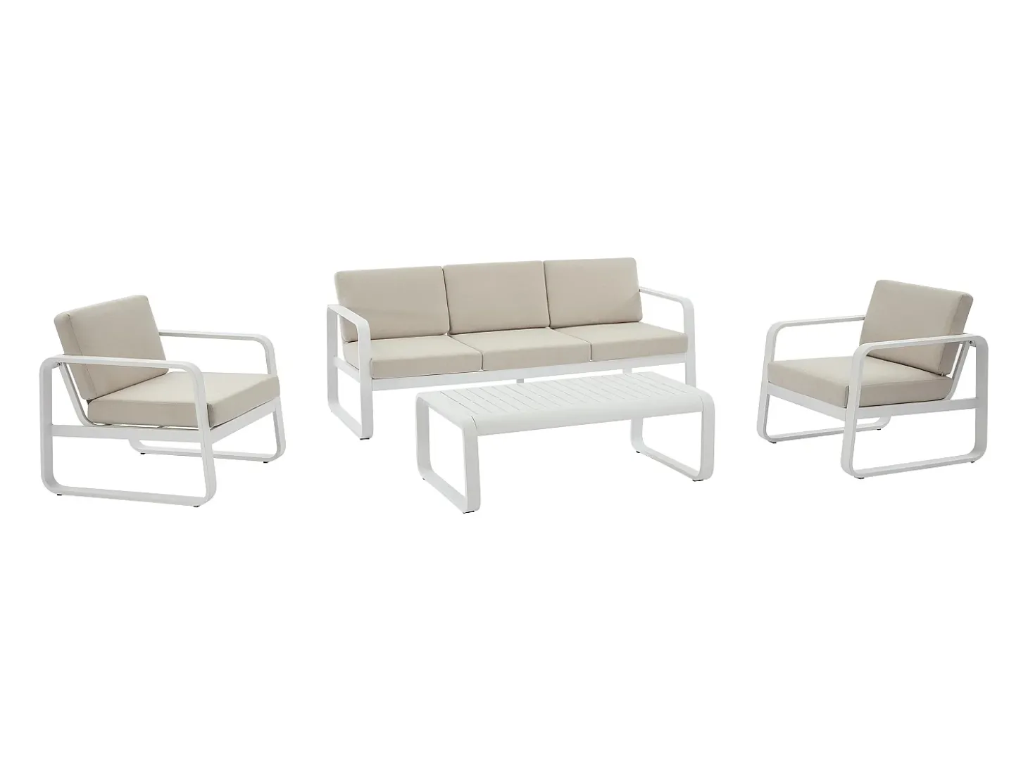 Conjunto de jardim em alumínio: 1 sofá de 3 lugares, 2 poltronas e 1 mesa de centro - Branco com almofadas bege - LOMIA da MYLIA