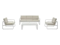 Conjunto de jardim em alumínio: 1 sofá de 3 lugares, 2 poltronas e 1 mesa de centro - Branco com almofadas bege - LOMIA da MYLIA
