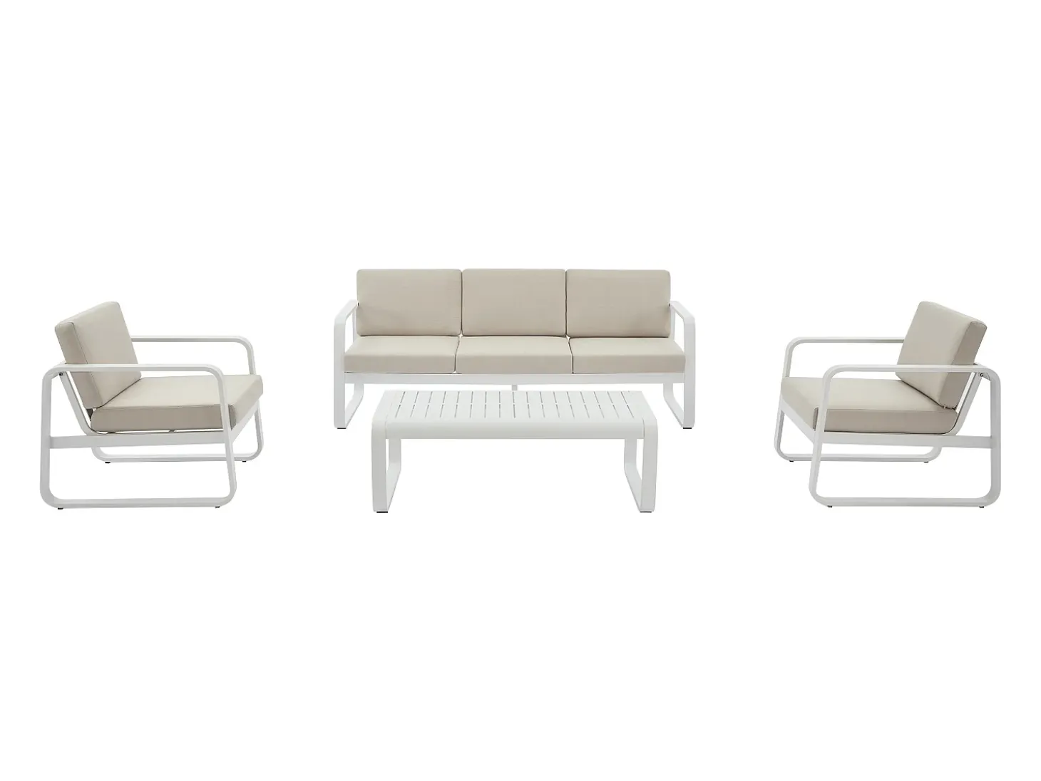 Conjunto de jardim em alumínio: 1 sofá de 3 lugares, 2 poltronas e 1 mesa de centro - Branco com almofadas bege - LOMIA da MYLIA
