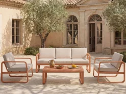 Conjunto de jardim em alumínio: 1 sofá de 3 lugares e 1 mesa de centro - Acobreado com almofadas bege - LOMIA de MYLIA