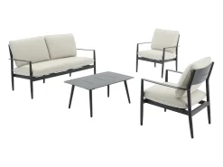 Conjunto de jardim em alumínio: um sofá de 2 lugares, 2 poltronas e 1 mesa de centro - Antracite com almofadas bege - TAVINYA de MYLIA