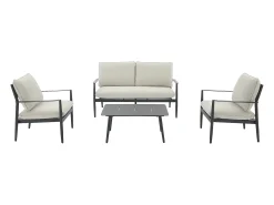 Conjunto de jardim em alumínio: um sofá de 2 lugares, 2 poltronas e 1 mesa de centro - Antracite com almofadas bege - TAVINYA de MYLIA