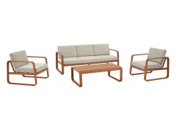 Conjunto de jardim em alumínio: 1 sofá de 3 lugares, 2 poltronas e 1 mesa de centro - Acobreado com almofadas bege - LOMIA da MYLIA