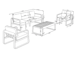 Conjunto de jardim em alumínio: 1 sofá de 3 lugares, 2 poltronas e 1 mesa de centro - Acobreado com almofadas bege - LOMIA da MYLIA