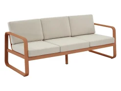 Conjunto de jardim em alumínio: 1 sofá de 3 lugares, 2 poltronas e 1 mesa de centro - Acobreado com almofadas bege - LOMIA da MYLIA