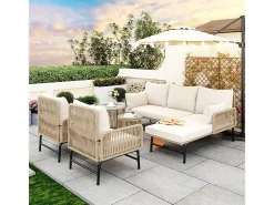 Conjunto de jardim em ferro e corda: 2 sofás, 2 poltronas e 2 mesinhas - Com almofadas - Bege