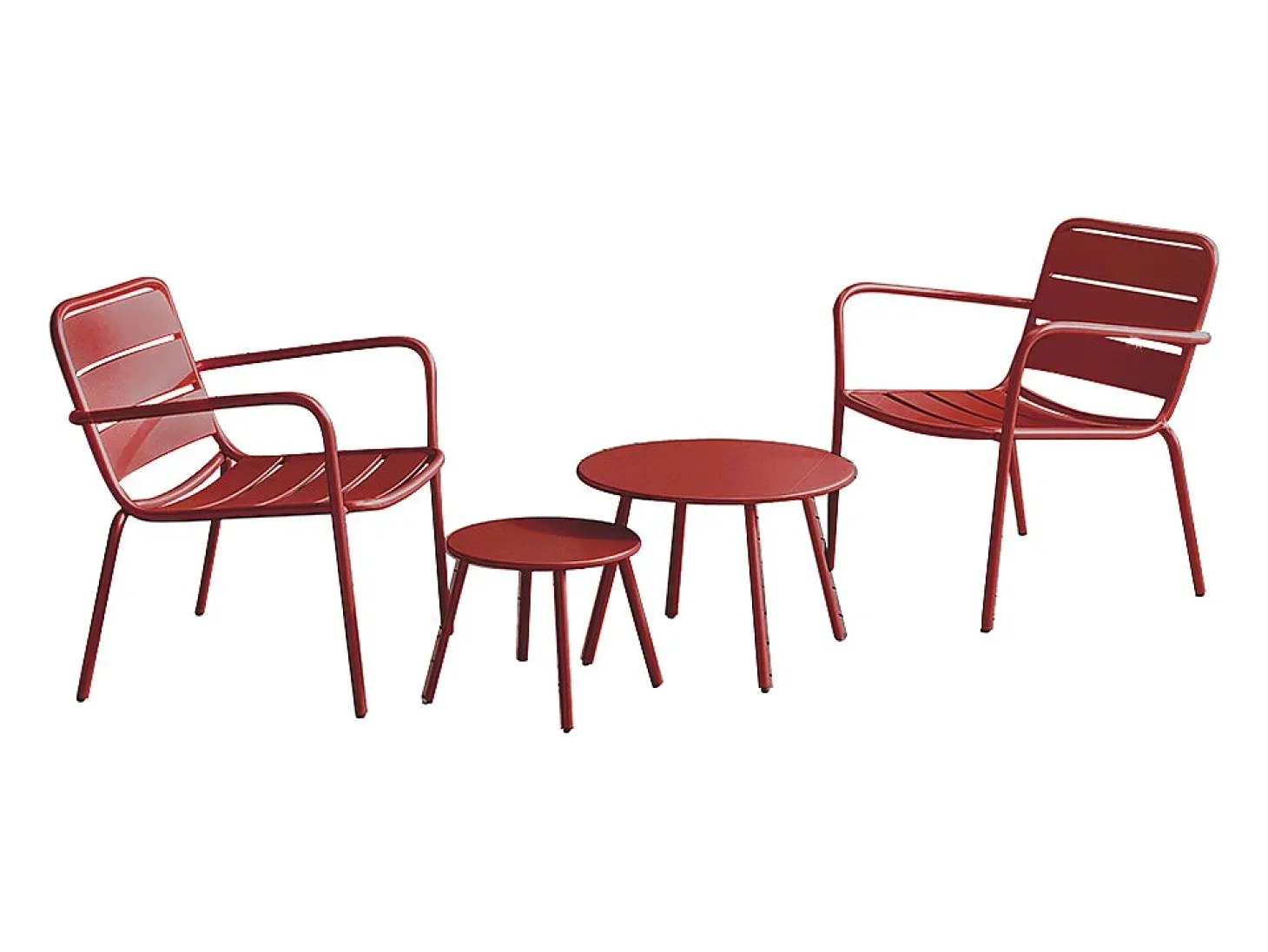 Conjunto de jardim em metal: 2 cadeirões baixos empilháveis e mesas de encaixe - Vermelho