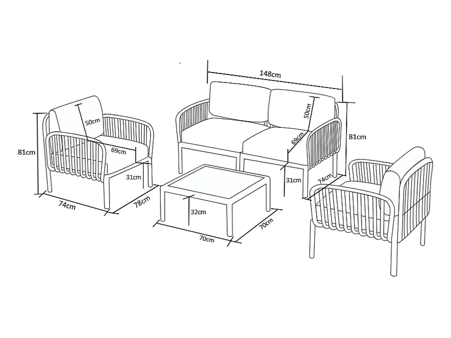 Conjunto de jardim em polipropileno: um sofá de 2 lugares, 2 poltronas e uma mesa de centro - Antracite - CASILMA da MYLIA
