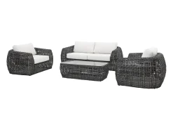 Conjunto de jardim em resina entrançada: um sofá de jardim de 2 lugares, 2 poltronas e 1 mesa de centro - Antracite com almofadas brancas - VEYRO da MYLIA
