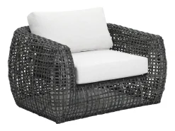 Conjunto de jardim em resina entrançada: um sofá de jardim de 2 lugares, 2 poltronas e 1 mesa de centro - Antracite com almofadas brancas - VEYRO da MYLIA