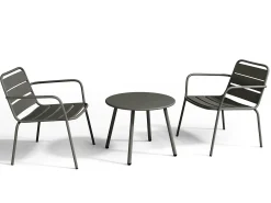 Conjunto de jardim metal cinzento antracite, 2 cadeirões baixos empilháveis e mesa de apoio