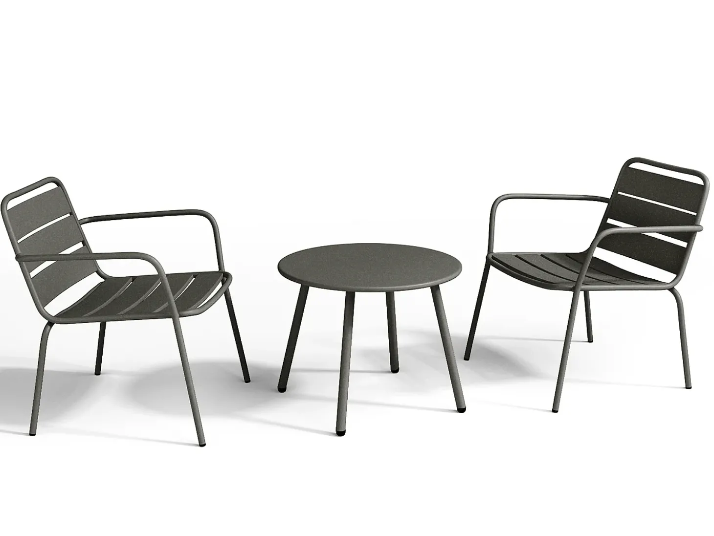 Conjunto de jardim metal cinzento antracite, 2 cadeirões baixos empilháveis e mesa de apoio