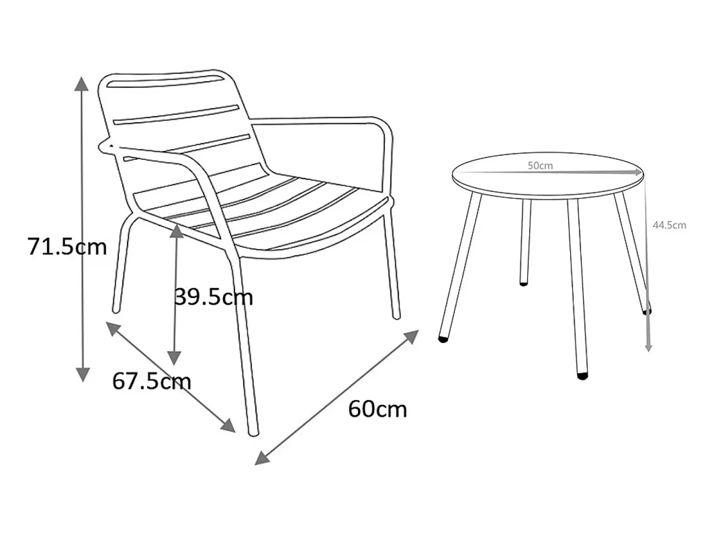 Conjunto de jardim metal cinzento antracite, 2 cadeirões baixos empilháveis e mesa de apoio