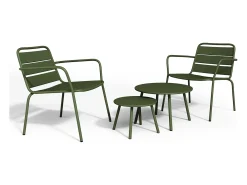 Conjunto de jardim metal, 2 cadeirões baixos empilháveis e mesas de encaixar verde caqui