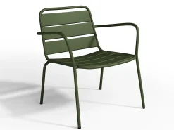 Conjunto de jardim metal, 2 cadeirões baixos empilháveis e mesas de encaixar verde caqui