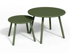 Conjunto de jardim metal, 2 cadeirões baixos empilháveis e mesas de encaixar verde caqui
