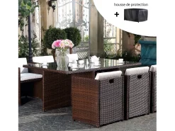 Conjunto de Jardim Miami 6 Marrom/Branco + Capa de Proteção Rattan Estrutura Metálica