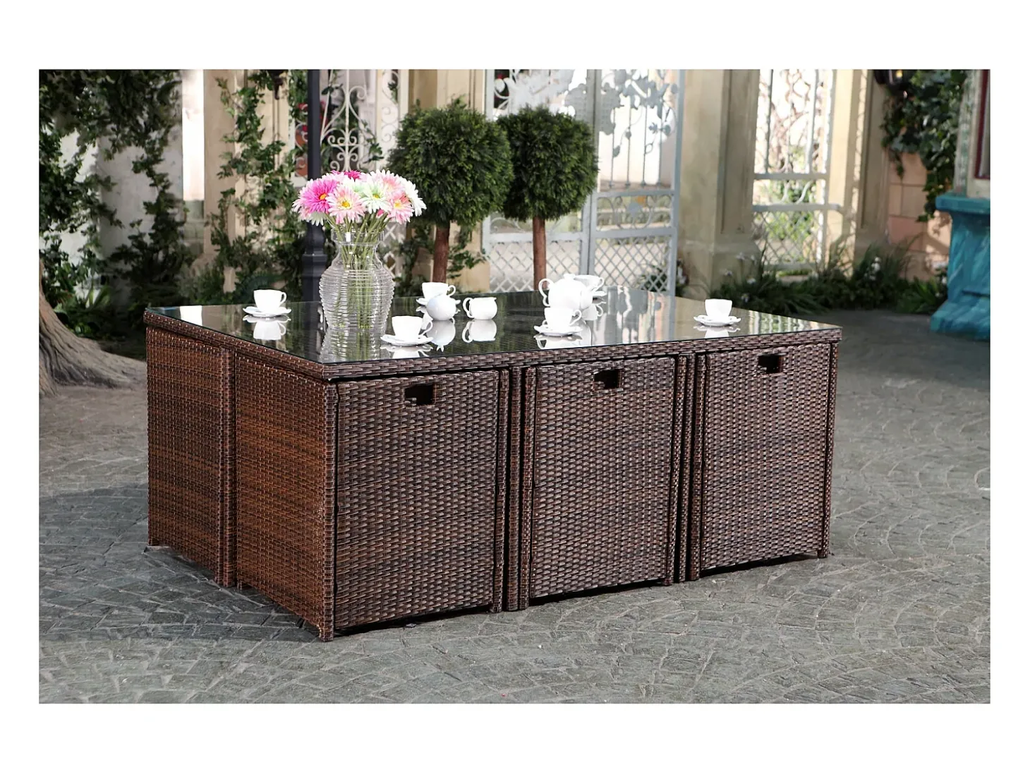Conjunto de Jardim Miami 6 Marrom/Branco + Capa de Proteção Rattan Estrutura Metálica