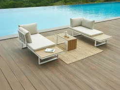 Conjunto de jardim modular em alumínio: 2 sofás e uma mesa de centro - Branco com almofadas bege - BAMBAÏA de MYLIA