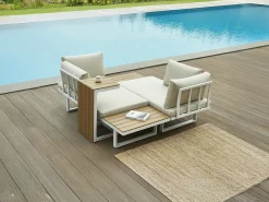 Conjunto de jardim modular em alumínio: 2 sofás e uma mesa de centro - Branco com almofadas bege - BAMBAÏA de MYLIA
