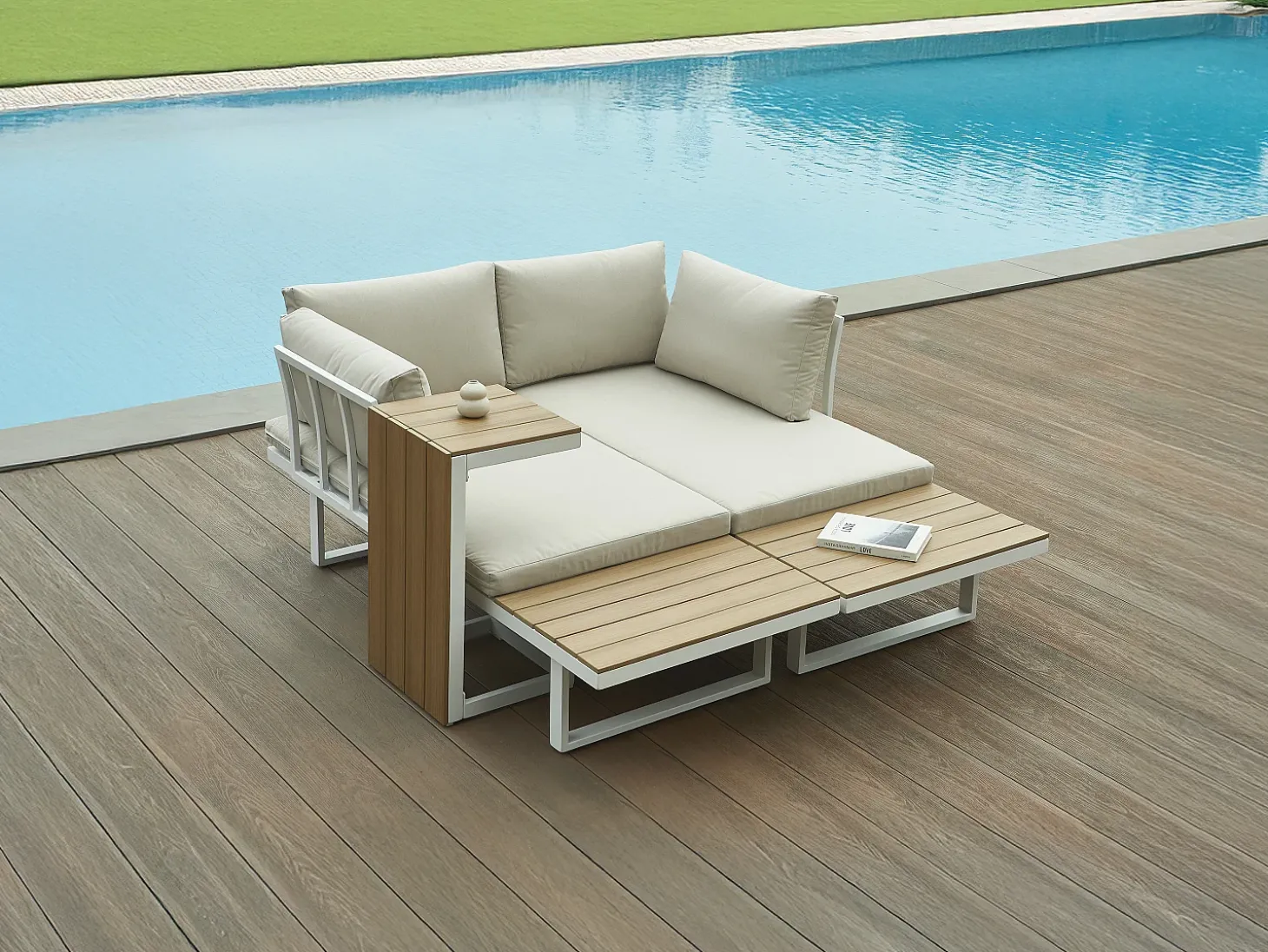 Conjunto de jardim modular em alumínio: 2 sofás e uma mesa de centro - Branco com almofadas bege - BAMBAÏA de MYLIA