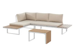 Conjunto de jardim modular em alumínio: 2 sofás e uma mesa de centro - Branco com almofadas bege - BAMBAÏA de MYLIA