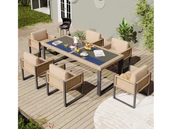 Conjunto de mesa de jardim e 6 cadeiras em polirattan - Aço galvanizado, rattan PE, vidro temperado - Castanho + preto