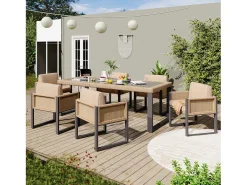 Conjunto de mesa de jardim e 6 cadeiras em polirattan - Aço galvanizado, rattan PE, vidro temperado - Castanho + preto