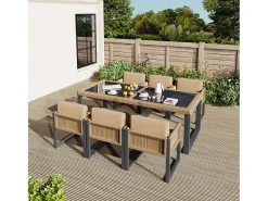 Conjunto de mesa de jardim e 6 cadeiras em polirattan - Aço galvanizado, rattan PE, vidro temperado - Castanho + preto