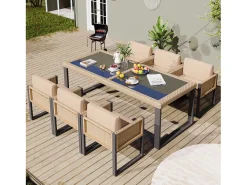 Conjunto de mesa de jardim e 6 cadeiras em polirattan - Aço galvanizado, rattan PE, vidro temperado - Castanho + preto