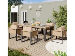 Conjunto de mesa de jardim e 6 cadeiras em polirattan - Aço galvanizado, rattan PE, vidro temperado - Castanho + preto