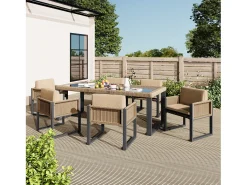 Conjunto de mesa de jardim e 6 cadeiras em polirattan - Aço galvanizado, rattan PE, vidro temperado - Castanho + preto