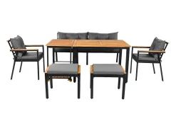 Conjunto de mesa e cadeiras de jardim em metal - 1 sofá de 2 lugares + 2 cadeirões + 2 bancos + 2 mesas de centro - Preto, cinzento e natural