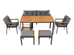 Conjunto de mesa e cadeiras de jardim em metal - 1 sofá de 2 lugares + 2 cadeirões + 2 bancos + 2 mesas de centro - Preto, cinzento e natural