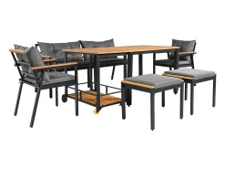 Conjunto de mesa e cadeiras de jardim em metal - 1 sofá de 2 lugares + 2 cadeirões + 2 bancos + 2 mesas de centro - Preto, cinzento e natural